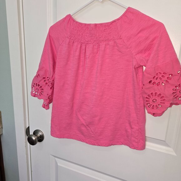 Arizona Top Pink Smocked Eyelet Girls Size Medium 10/12 Boho 3/4 Sleeve Cottage - Picture 5 of 5